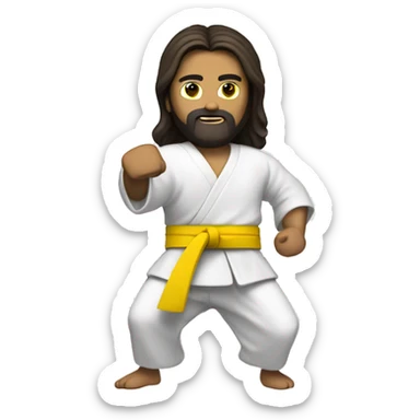 Jesus fighting kung fu with a yellow belt, black pants and a white shirt with black sleeves sticker