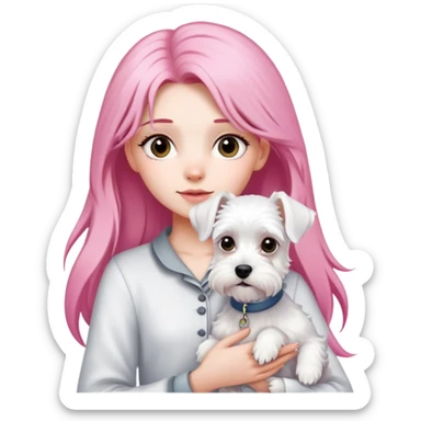 Girl with long pink hair holding a white schnauzer dog sticker