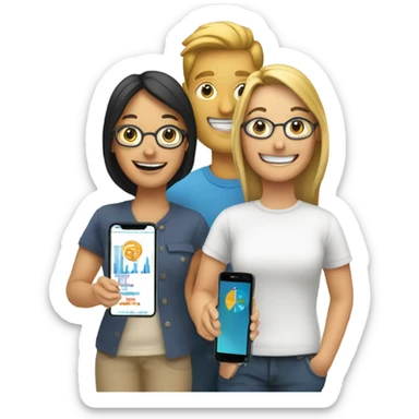 group with three happy person with a smartphone showing charts sticker