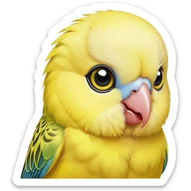 Cinematic Cute Yellow Budgie Portrait Emoji, Head tilted playfully and inquisitively, featuring a radiant yellow feathered fur with a natural sheen, round, sparkling dark eyes filled with curiosity, Simplified yet irresistibly adorable features, highly detailed, glowing with a warm, friendly glow, high shine, affectionate and lively, stylized with a touch of whimsy, bright and endearing, soft glowing outline, capturing the essence of a mischievous yet loving budgie, so playful it feels like it could chirp out of the screen and into your arms! sticker