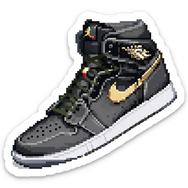 Jordan 1 sneaker, all black with a metallic gold swoosh sticker