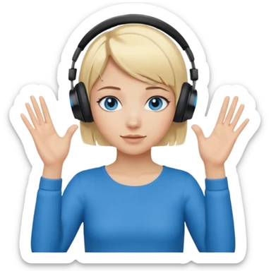 girl with blonde and middle short hair and blue eys with heands telling what, having heaphones on head,  sticker