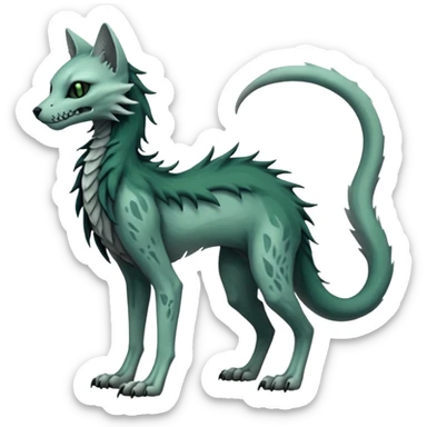 spectral spooky dark bleak blackish swampy white-skeletal gloomy ghostly dark greyish dark-deep-greenish foggy eldritch beautiful realistic edgy fantasy ghoul-like stitched feline-vernid-sergal-fursona animal creature with a tufted tail full body with intricate markings  sticker