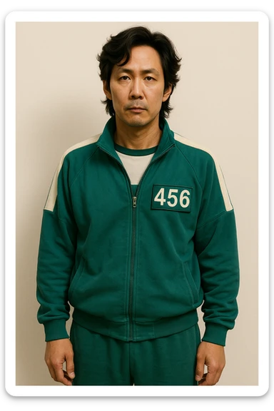 Player 456, Seong Gi-hun from Squid Game 3, wearing the green player team tracksuit, standing, neutral expression, simple background sticker
