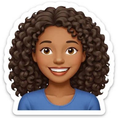 Happy fuller  face with big smile showing top teeth,  high cheek bones, dark brown skin color black women wavy curly hair shoulder length with side part, eyes slightly closed sticker
