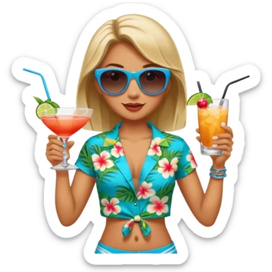 human female Unbuttoned Hawaiian shirt, swim trunks, shaking a cocktail shaker  sticker