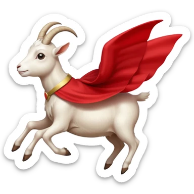 side view of white female goat wearing a read cape like superman sticker