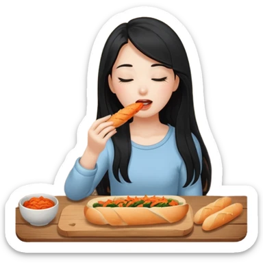 Girl with black long hair eat kimchi close eyes baguette sticker
