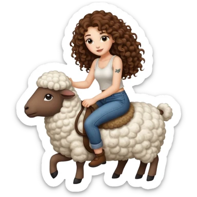 cute woman long curly brown hair tattoos riding fluffy sheep sticker