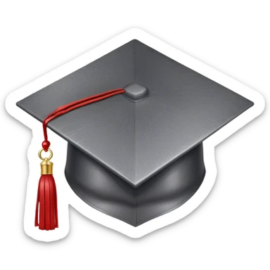 "A sturdy dark gray graduation cap (mortarboard) with a metallic texture, representing engineering. Instead of a traditional tassel, a small red gear charm hangs from one corner, symbolizing mechanics and innovation. The cap has a slightly rugged, industrial look, with subtle rivets or technical engravings along the edges. The background is plain white sticker