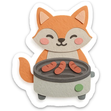 cute fox-shaped electric grill cooking tiny sausages, blushing, pastel grey, full-body sticker