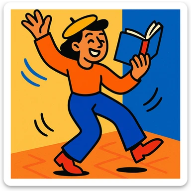 a person multitasking: dancing and reading a book at the same time, dynamic movement, book open, cheerful mood sticker
