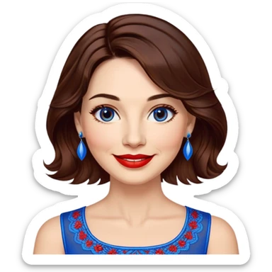 Woman in her 40s with clear skin, round face, wide friendly smile, big light brown eyes, vibrant red lipstick, shoulder-length wavy dark brown hair, white top with blue embroidery and electric blue neckline, mature elegant look sticker