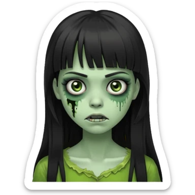 queria um emoji de zumbi verde de uma garota, olhos pretos, cabelos escuros e longos, com uma franja acima da sobrancelha  sticker