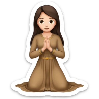 A woman kneeling praying, in a long dress, long dark brown hair sticker