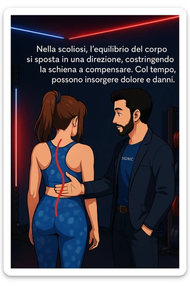 ispirati a questo stile di disegno e fai questa immagine in versione manga/webtoon a colori, il manga mostra la donna di spalle, mentre l'uomo le tocca la spina dorsale per spiegarle come funziona la scoliosi:
Con una scoliosi il baricentro corporeo cade maggiormente da un lato; per non cadere la schiena compensa accumulando tensione sul fianco opposto.
Il risultato? Si inclina e ruota sempre più, fino a che non cede (discopatie, artrosi, ecc) sticker