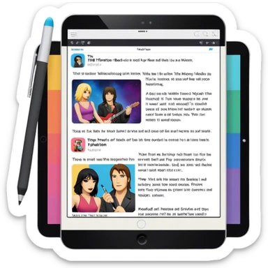 Create an emoji representing fanfiction writing. The design should feature a tablet with a screen displaying images of rock and movie stars, symbolizing the inspiration from popular culture. Next to the images, there should be visible text representing the fanfiction being written. A stylus should be placed near the tablet to emphasize the act of writing. Use a creative and expressive color palette with vibrant and neutral tones. Do not include any emojis or smiley faces. Make the background transparent. sticker