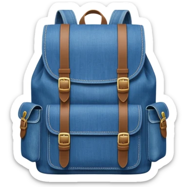 An emoji-style blue denim backpack with a flap top and two small buckle straps attached only on the flap, not connected to the front panel. No front pockets or vertical straps below the flap. Clean and minimal design with two side pockets. Cartoon icon, front view.



 sticker