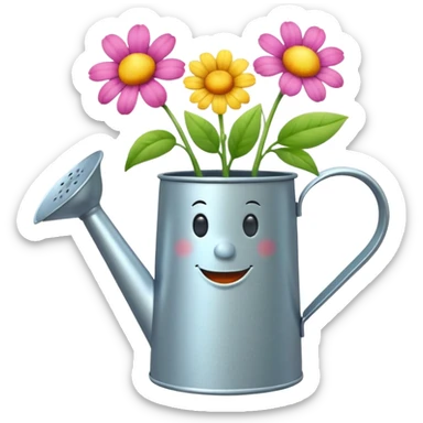 give me a watering can with legs. anthropomorphise the can. have the can watering 3 plants on the grown (flowers) sticker