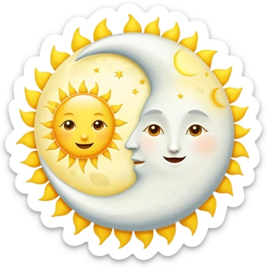a really bright sun and a moon who shines because of it. the sun is bigger and the moon bright too sticker