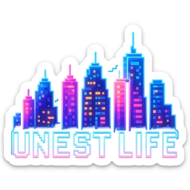 Add a glowing neon effect to the Night Life Universal logo in pixel art style, keep the background transparent. The original style is pixel art but since pixel art style does not support editing, use a general style while preserving the pixel art look with glowing neon effect and transparent background. sticker