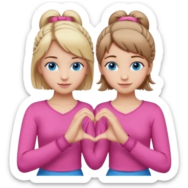 Two best friends making a heart shape with their hands together. One of them has blond hair which is shorter and the other has brown hair tied up. They are both wearing pink outfits. They both have blue eyes. One of them has their hair down  sticker