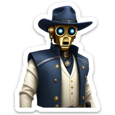 frantic bounty hunter tarnished undercover tough well-equipped Jedi life-sized darkblue-pearl C3po leather vest clothing pants and vest old west duster coat holding light saber sheriff holstered gun hat floating sticker
