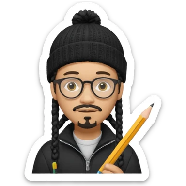 A creative young man with a pencil, glasses and a beanie. He holds a pen in his hand. He has dreadlocks, a slight moustache and bit of a beard. He's a lightskin blAsian man. He wears a black quarterzip jumper. sticker