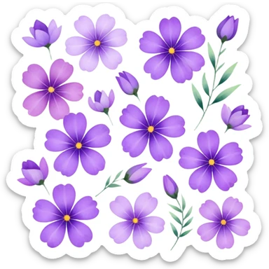 "A collection of delicate purple flowers in a soft watercolor style." sticker