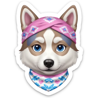 Husky siberiano fêmea, toda branca um olho azul e outro metade azul e marrom. Com bandana rosa sticker