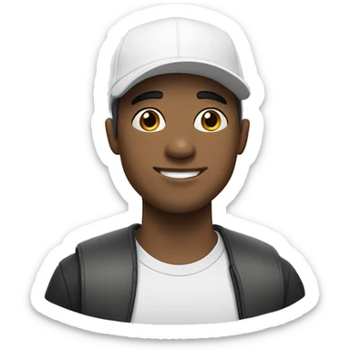 a young 20 year old white guy with almost bald black hair wearing a white cap with a "c" in the middle sticker