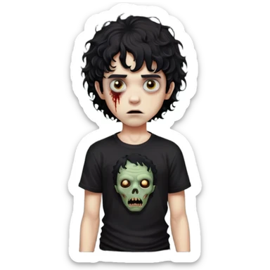Boy, zombie, black curly wavy hair, medium hair, emo, round shaped hair, dark hair, spooky, creepy expression, fringe in the eyebrows height, with Black t-shirt  sticker