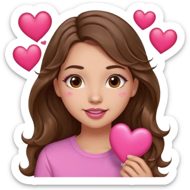 girl with long wavy brown hair, brown eyes, light to medium complexion, in a pink shirt, pink lips, long lashes, puckering lips kissing, blushing with hearts sticker
