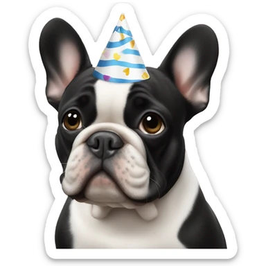 an all-black French bulldog with a white breast in a birthday cap sticker