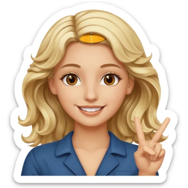 Luxury blonde model, brown eyes, wavy hair, peace sign sticker