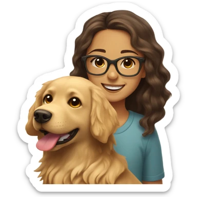Smiling girl with long dark wavy brown hair and red glasses next to a small shaggy golden Labrador dog with brown eyes sticker