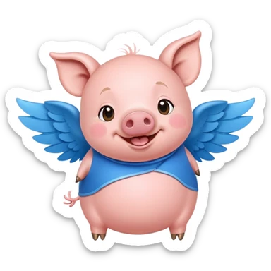 "Create a cheerful cartoon character, a pig with a round body, wearing a blue outfit and small wings, smiling joyfully." sticker