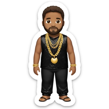 Gerald Levert with dark brown hair, black sequin baggy pants, shirtless with necklace sticker