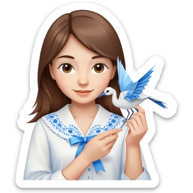 A happy Ukrainian young girl with brown hair in a white embroidered shirt holds an origami blue crane sticker