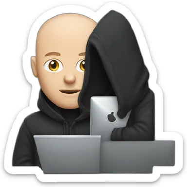 bald white man with a salt and pepper beard typing on apple computer wearing a black hoodie sticker