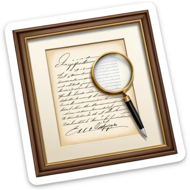 Icon for Autograph Collecting: a signed piece of paper or book page with a famous signature, surrounded by a pen, a magnifying glass, and a collection of framed autographs. Transparent background. sticker