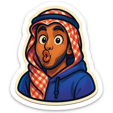 cartoonish, bold, vibrant emoji-style sticker of Ara, an Arab young man with medium brown skin, black hair, wearing casual urban Middle Eastern streetwear like a keffiyeh scarf or hoodie, making a silly fish face with puckered cheeks sticker