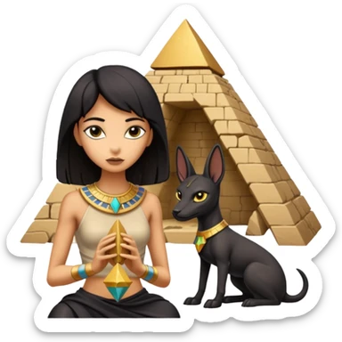Kindly alien Protecting silky black-haired tiny statuette scale female Anubis and pyramid scenery stone-age cracked irregular dwelling  sticker