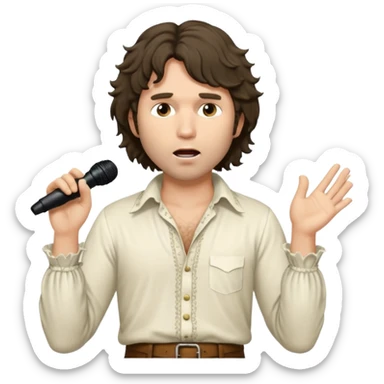 photorealistic - unkempt, shaggy with big sideburns Jim Morrison in an ivory Victorian shirt, in an trance dramatic pose, sings on stage sticker