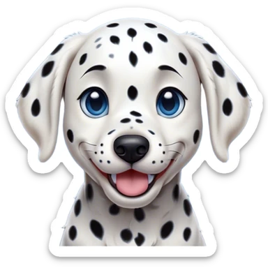 Cinematic Comical Spotted Dalmatian Portrait Emoji, Head tilted dramatically with an exaggeratedly shocked or amused expression, featuring a striking Fur of predominantly white with vivid black patches, wide, expressive blue eyes filled with playful disbelief, Simplified yet hilariously expressive features, highly detailed, glowing with a slightly sassy glow, high shine, dramatic yet playful, stylized with an air of cheeky charm, bright and endearing, soft glowing outline, capturing the essence of a spirited and over-the-top guardian, so meme-worthy it feels like it could side-eye its way into internet fame instantly! sticker