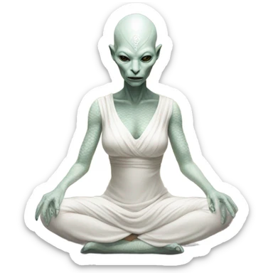 a Reptilian alien woman,in meditation, white dress like a priestess sticker