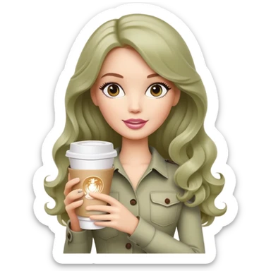 A white Barbie girl with long dark brown wave hair and a pale olive paper cup of coffee sticker