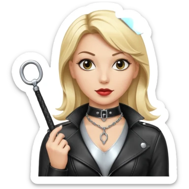 Dominatrix with blonde hair, leather outfit, long key necklace, and a whip sticker