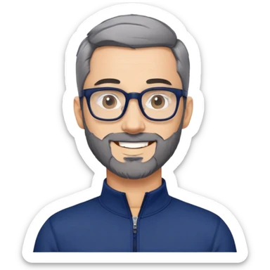 Light-skinned man with short black hair styled upward, short gray beard, large black-framed glasses, smiling face, wearing a navy blue zip-neck long sleeve athletic shirt sticker