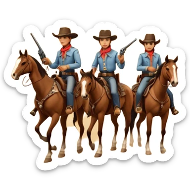 Icon for Western: A vintage movie poster-style design with cowboys on horseback, dusty desert landscape, and a setting sun. Include cowboy hats, revolvers, and an old saloon. The design should have bold typography and a retro cinematic feel. Transparent background. sticker